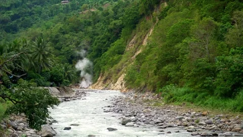 Strong Flow Clean Mountain River Geothermal Spring Hot Steam Rising Tropical Stock Footage 260262685