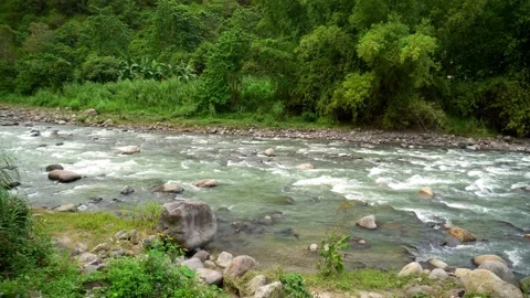 Strong Flow Clean Mountain River Geothermal Spring Hot Steam Rising Tropical Stock Footage 260262768