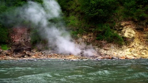 Strong Flow Clean Mountain River Geothermal Spring Hot Steam Rising Tropical Stock Footage 260262775