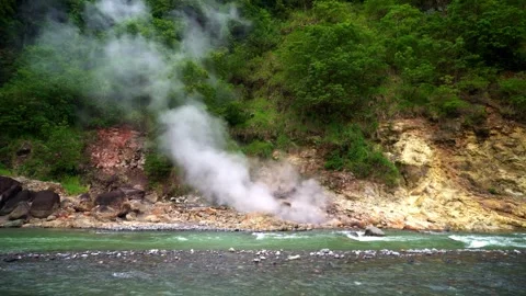 Strong Flow Clean Mountain River Geothermal Spring Hot Steam Rising Tropical Stockbeeldmateriaal 260262783