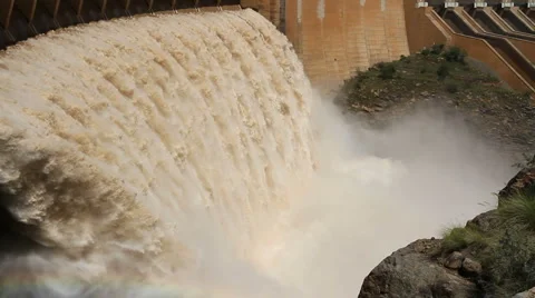 Strong flowing water, dam wall with open sluice gates Stock Footage 1239855