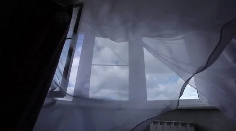 Strong fresh wind suddenly bursts into the room,Curtains In The Wind Видео 44179260