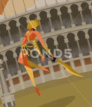 Strong gladiator jumping in arena Stock Illustration