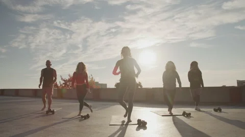 Strong Group Fitness Class Doing Side Lunges Stock Footage 208772375