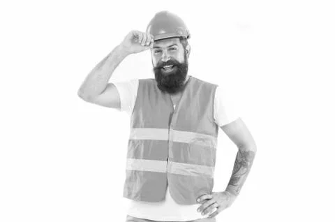 Strong handsome builder. Creating solid foundation. Man protective hard hat and Stock Photos