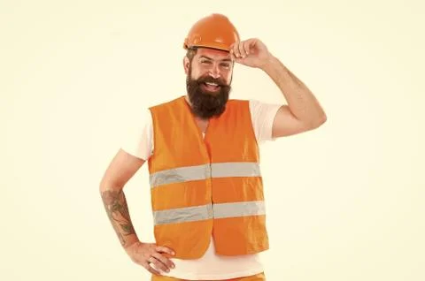 Strong handsome builder. Creating solid foundation. Man protective hard hat and Stock Photos