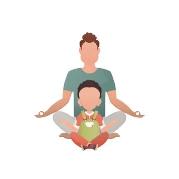 A strong man and a small boy are sitting doing meditation. Isolated. Cartoon  Illustrazione stock