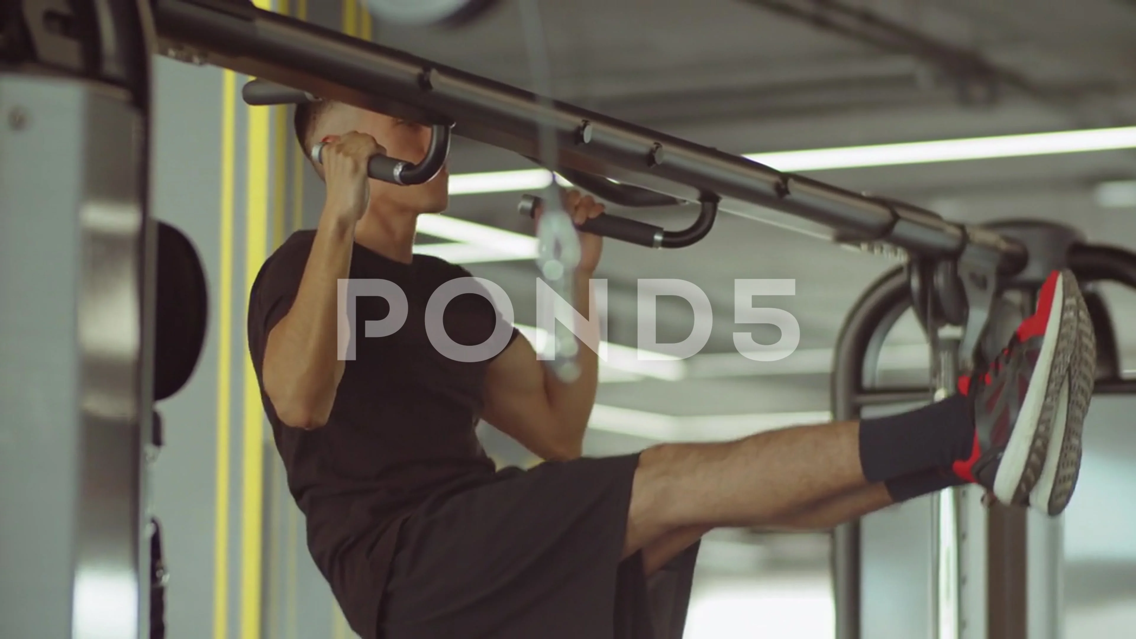 Strong Man Doing L-Sit Pull Ups in Gym, Sports Stock Footage ft