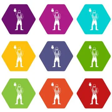 Strong man with kettlebell icon set color hexahedron Illustrazione stock