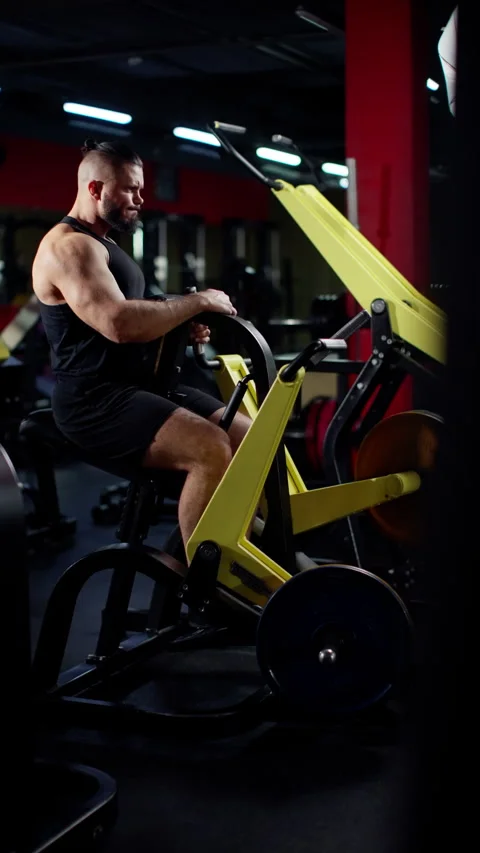 Strong man performing an exercise on a rowing machine in a gym with red walls Stock Footage 276185864