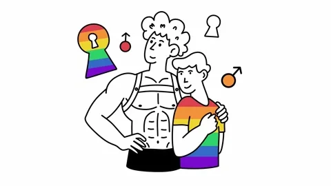 Strong man protecting younger partner near rainbow shield icons Stock Footage 331579233