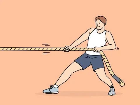 Strong man pulls rope while participating in sports competitions or training in Stock Illustration