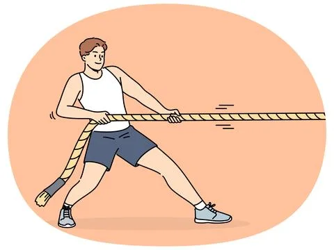 Strong man pulls rope while participating in sports competitions or training in Stock Illustration