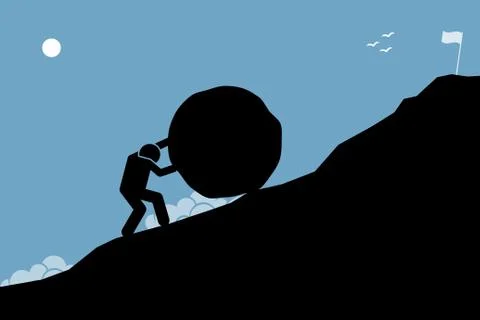 A strong man pushing a big rock up the hill to reach the goal on top. Illustrazione stock