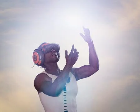 Strong man using virtual reality helmet 스톡 일러스트
