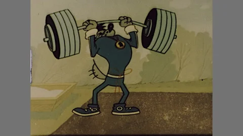 Strong Man Weight Lifter Heavy Straining Cartoon Character Vintage Film Movie Vídeos de archivo 197014229