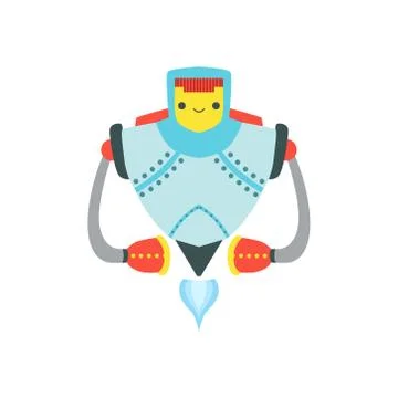 Strong Metal Flying Friendly Android Robot Character Vector Cartoon Illustration Illustrazione stock