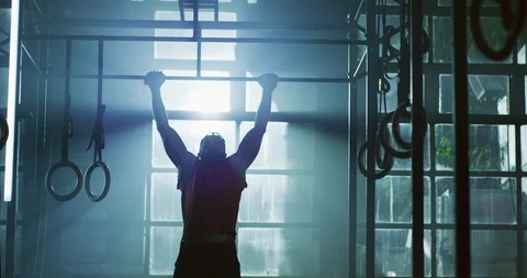 Strong Muscular Bodybuilder Doing Pull Ups On Horizontal Bar Fitness Center Stock Footage 103814180