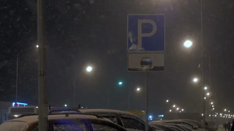 Strong night snowfall in city Stock Footage 85645217