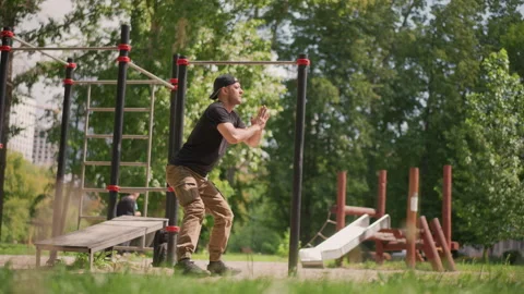 Strong Plyometric Workouts Performed Close To Gym Outdoors, Highintensity Jump Stock Footage 324755319