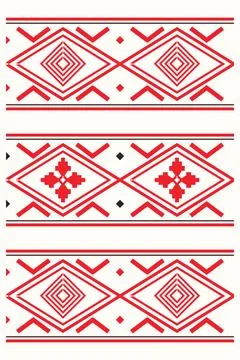 Strong red diamond frames and angular symbols form alternating folk bands o.. Stock-Illustration