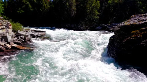 Strong River Rapids in Mountain Gorge, Oppdal Norway Stock Footage 318535058