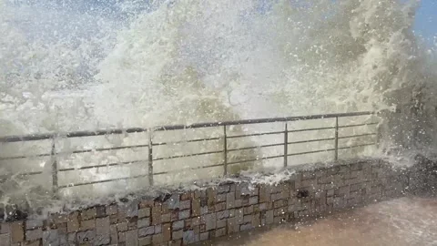 Strong sea waves hitting on the wall Stock Footage 295234176
