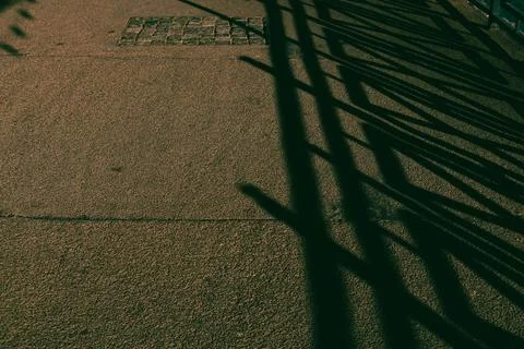 Strong shadows from a railing create a captivating pattern of lines on a Foto stock