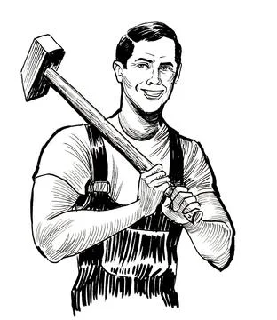 Strong smiling worker with a hammer Stock Illustration