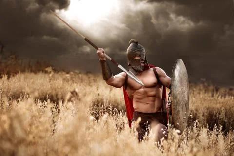 Spartan Warrior in the Woods Stock Photo - Image of battledress