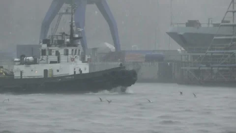 Strong storm, rain and thunderstorms are raging in the seaport. Stock Footage 134406544