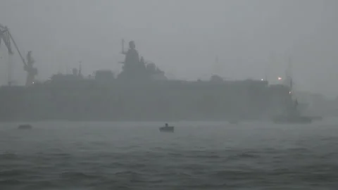 Strong storm with rain and thunderstorms in the seaport. Stock Footage 134410466