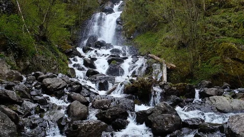 A strong stream of mountain river on the rocks. Mountain waterfall. Slow motion. Vidéo 108650864