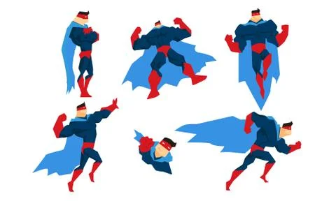 Strong Superman Character Set, Comic Superhero in Blue Cape in Different Action Illustrazione stock