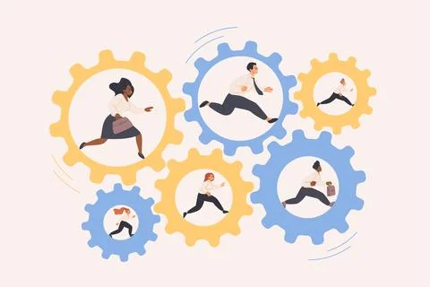 Strong teamwork cooperation for work progress, tiny people run inside gears Illustrazione stock