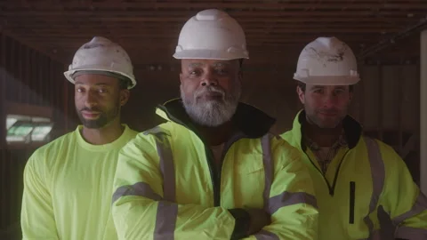 Strong Trio Of Construction Workers Stand Together Stock Footage 270391109