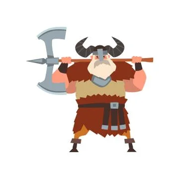 Strong viking warrior character with double edged axe in helmet with horns Stock Illustration