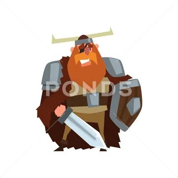 Strong viking warrior character with sword and shield in helmet with horns Stock Illustration