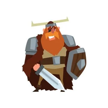 Strong viking warrior character with sword and shield in helmet with horns Stock Illustration