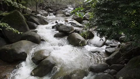 The strong water from waterfall flow through the rock Stock Footage 239605015