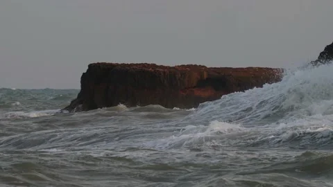 Strong waves with enormous force hit the rocky coast of Torrevieja. Stock Footage 138207483