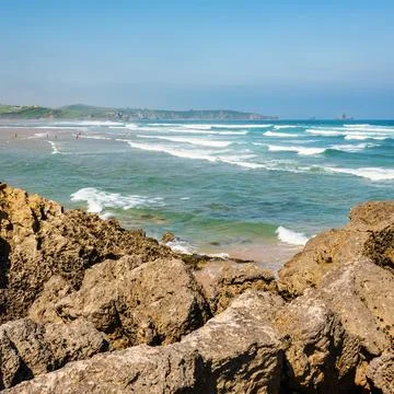 Strong waves formed by the wind on the Costa Quebrada of northern Spain Stock Photos