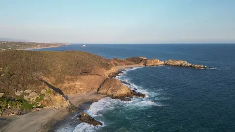 Strong Waves Hitting Steep Rocky Cliffs Drone Glide Mazunte Mexico Stock Footage 321707927
