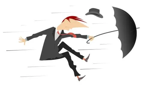 Strong wind and man with hat and umbrella isolated illustration Stock Illustration