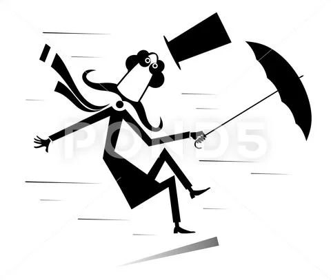 Strong wind, mustache man in the top hat with umbrella isolated illustration Stock Illustration