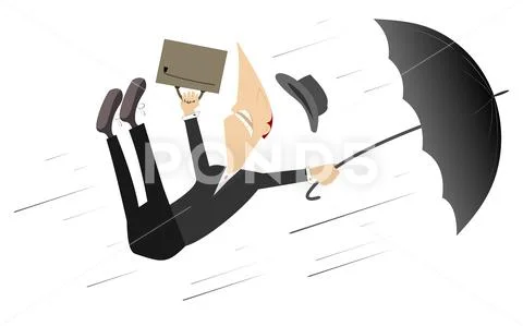 Strong wind, rain and man with umbrella illustration Stock Illustration