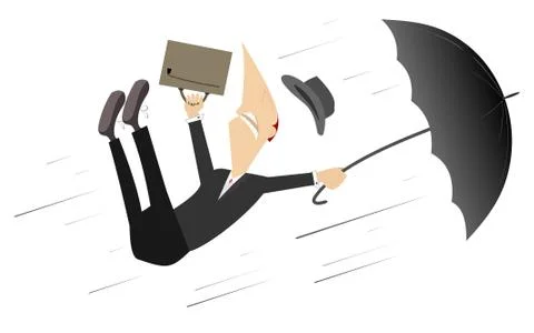 Strong wind, rain and man with umbrella illustration Stock Illustration