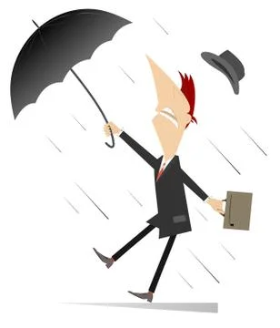 Strong wind, rain and man with umbrella illustration Stock Illustration