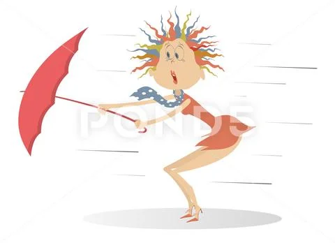 Strong wind, rain and woman with umbrella isolated illustration Stock Illustration