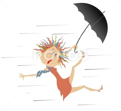 Strong wind, rain and woman with umbrella illustration Stock Illustration